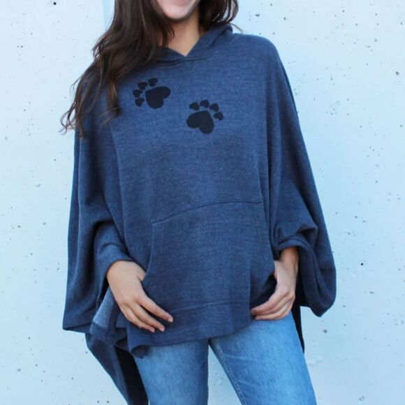 Paw Addict Sweaters - Paw Addict Oversized Poncho, Hooded, Pouch Pocket, Navy Blue One Size Fits Most